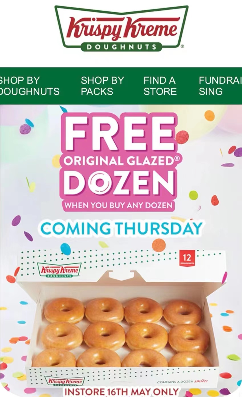 Krispy Kreme甜甜圈活动来了：买一送一！ 5月16日！