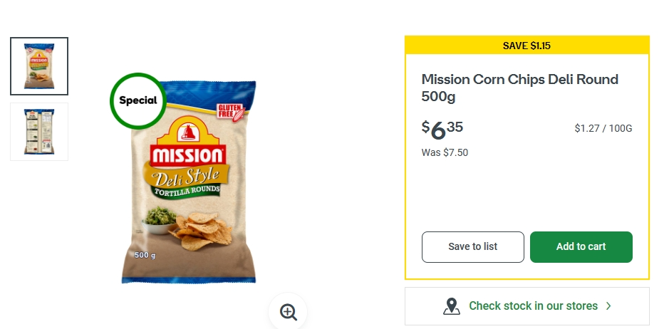 特别好吃的Mission玉米薯片特价！500g，现价$6.35，省$1.15！@ Woolworths