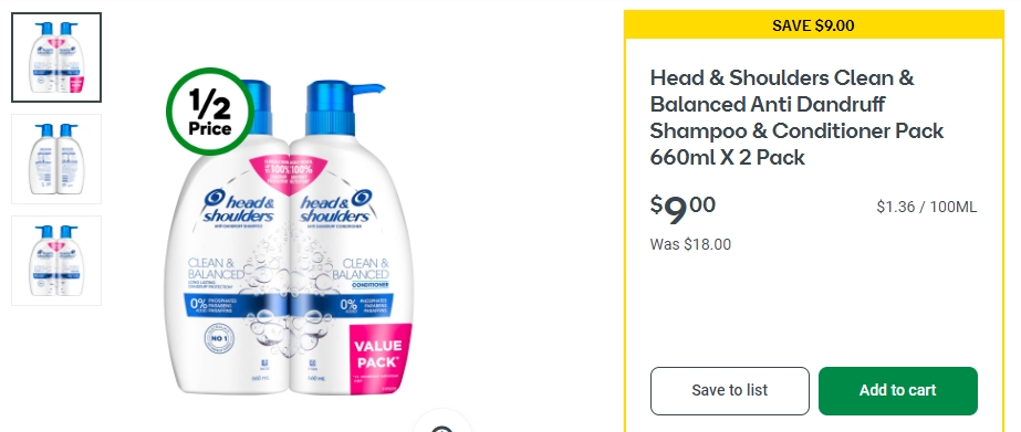 海飞丝清洁平衡去屑洗发水和护发素半价！2瓶，每瓶660ml，现价$9.0！@ Woolworths