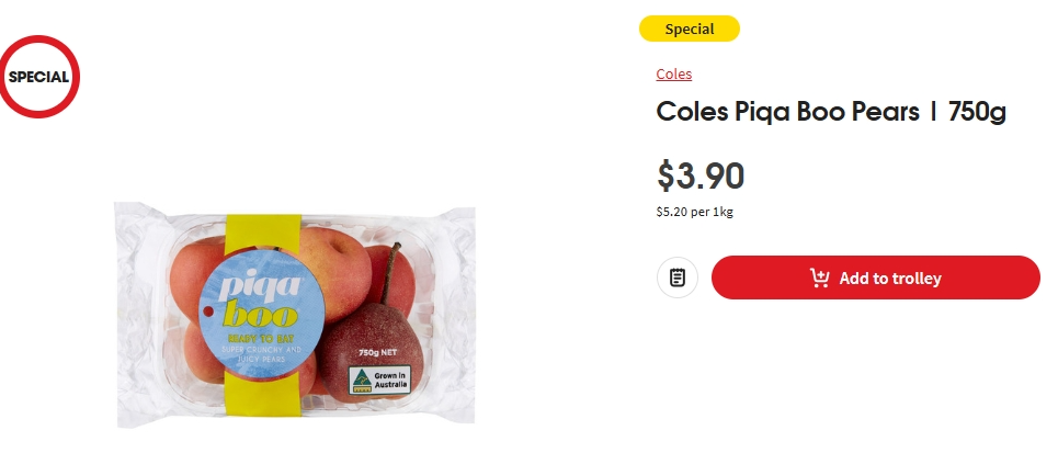 Piqa Boo 红香梨特价！750g，现价$3.90！@ Coles