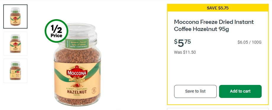 Moccona冻干速溶榛子咖啡半价！95g，现价$5.75！@ Woolworths