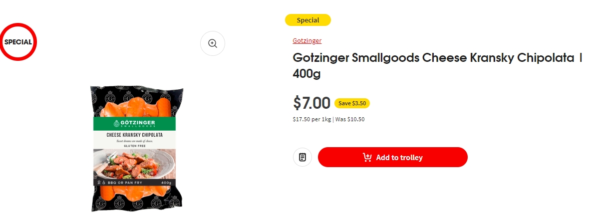 Gotzinger芝士肠特价！30%折扣，400g，现价$7.0！@ Coles