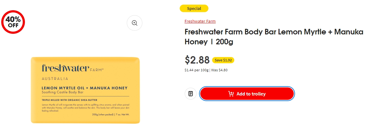 Freshwater Farm天然檬桃金娘麦卢卡蜂蜜身体皂特价！40%折扣，现价$2.88！@Woolworths
