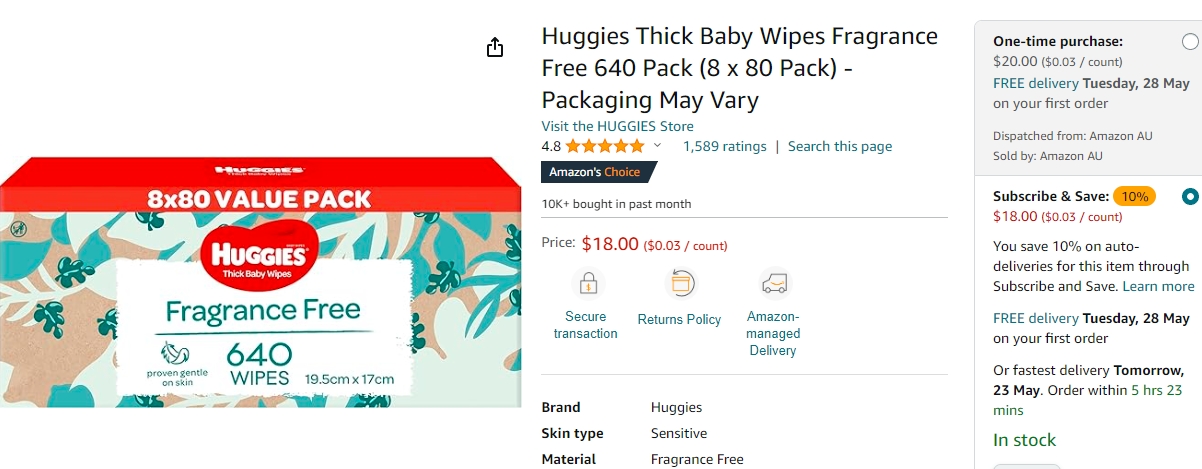 好奇婴儿纸巾8包，每包80抽！S&S订阅，价格是$18！@ Amazon