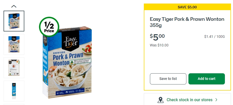 Easy Tiger 猪肉&虾子混沌半价！355g，现价$5.0！@ Woolworths