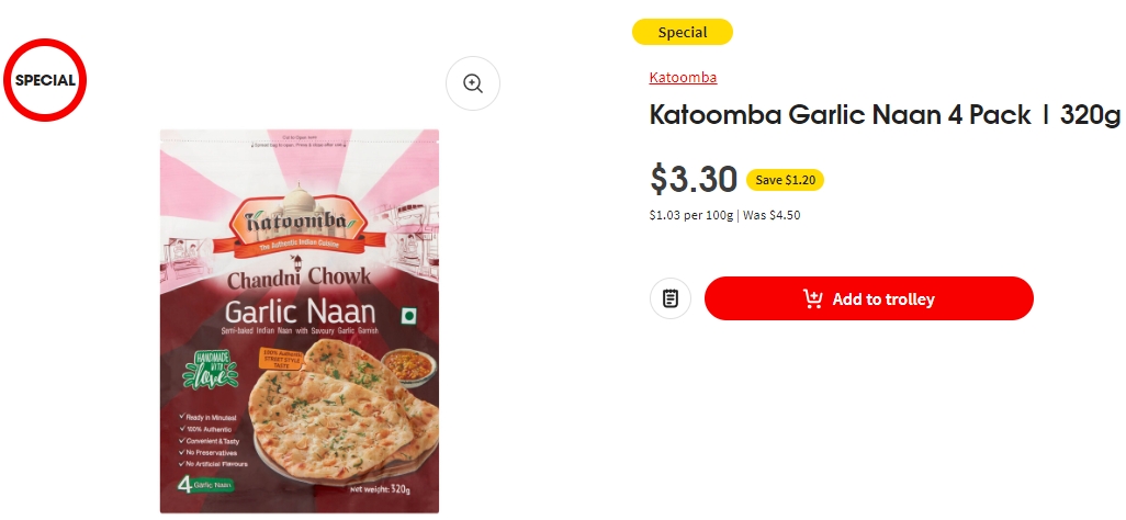 Katoomba蒜香馕饼特价！4个装，现价$3.30，省$1.20！@ Coles