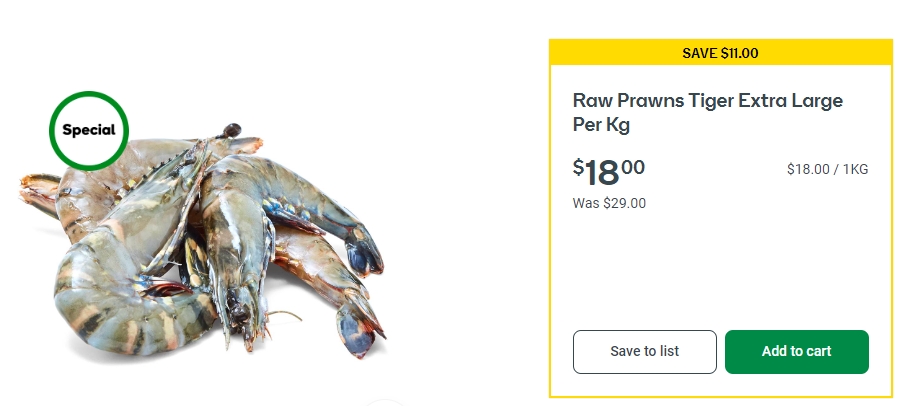 生的超大虎虾特价！现价$18/kg，省$11！@ Woolworths