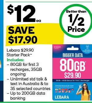 Lebara $29.90 Starter Pack手机套餐！60%折扣！现价$12.00！@ Woolworths