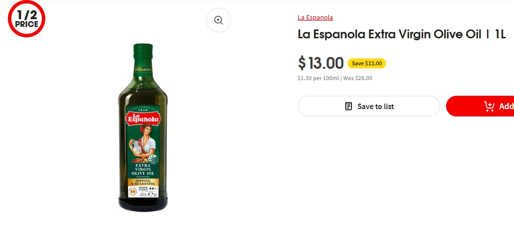 La Espanola特级初榨橄榄油半价！1升，现价$13.00！@ Coles