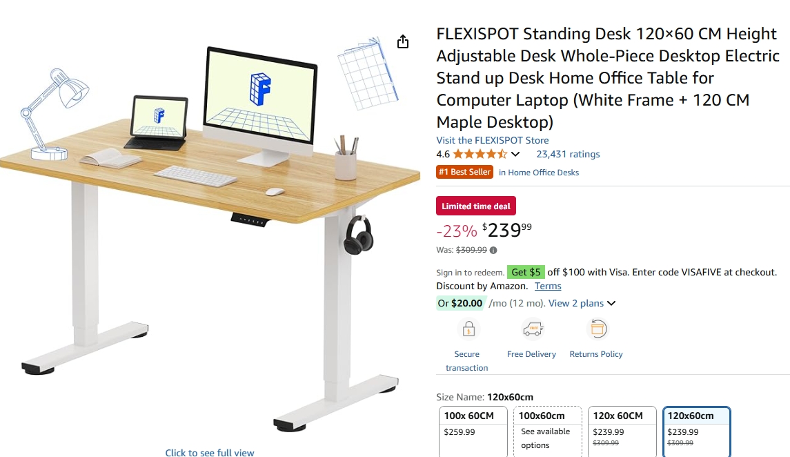FLEXISPOT可调立式整体式办公桌23%折扣！原价$309.99 ，现价$239.99！@ Amazon